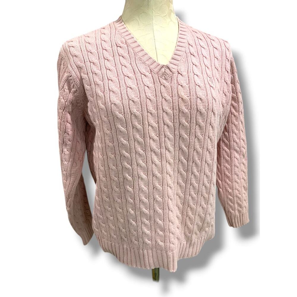 Petite‎ Petite Lauren Ralph Lauren Womens Pink V-Neck Cable Knit Sweater